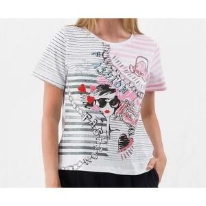 Leo & Ugo Paris Women Fashion Graphic Striped T-Shirt Beaded Embroidered Size 3
